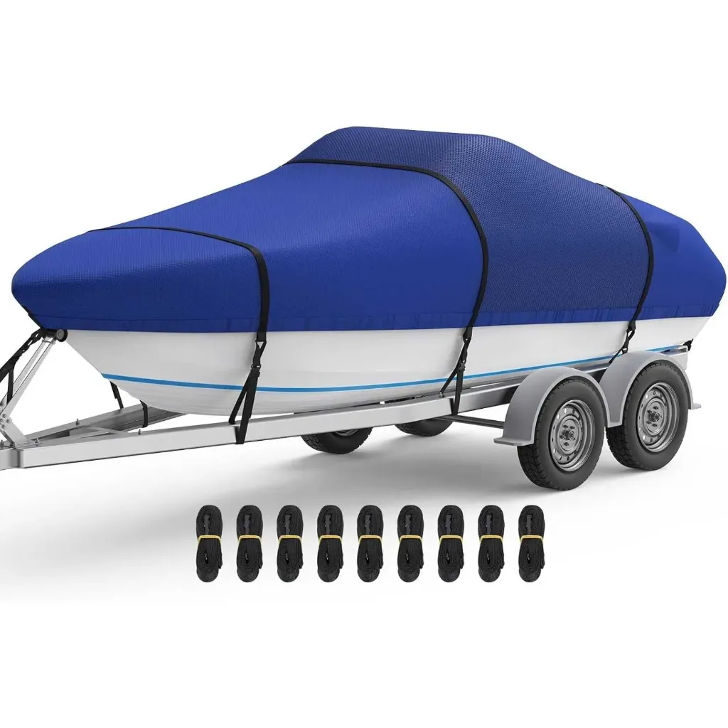 [1412P] Waterproof Boat Cover - Fits Bass, V-Hull, Tri-Hull, Fish & Ski, Runabout Bowrider Boats (14-16'*90", Pacific Blue)